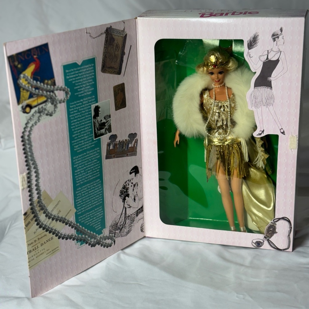 Flapper Barbie in Gold Dress with White Fur Stole. NEW IN BOX